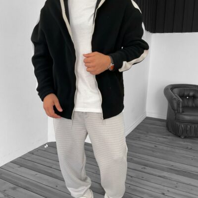 Мужская Теплая Флисовая Черная Кофта Зипка с Лампасами - Зип Худи Оверсайз на Молнии