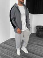 Мужская Теплая Флисовая Серая Кофта Зипка с Лампасами - Зип Худи Оверсайз на Молнии