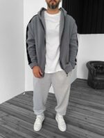 Мужская Теплая Флисовая Серая Кофта Зипка с Лампасами - Зип Худи Оверсайз на Молнии