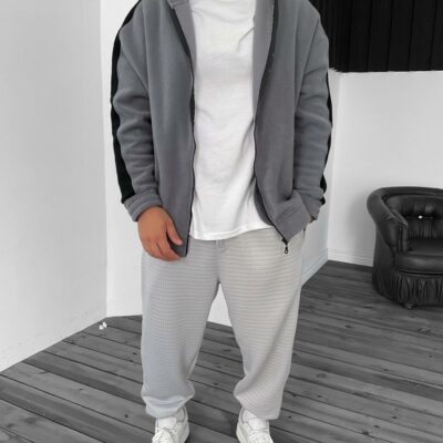 Мужская Теплая Флисовая Серая Кофта Зипка с Лампасами - Зип Худи Оверсайз на Молнии