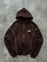 Мужская Коричневая Кофта Зипка Оверсайз - Зип Худи на Молнии с Контрастными Швами