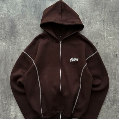 Мужская Коричневая Кофта Зипка Оверсайз - Зип Худи на Молнии с Контрастными Швами