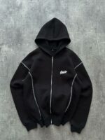 Мужская Черная Кофта Зипка Оверсайз - Зип Худи на Молнии с Контрастными Швами