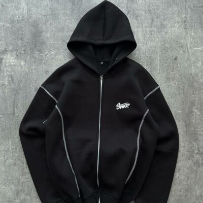 Мужская Черная Кофта Зипка Оверсайз - Зип Худи на Молнии с Контрастными Швами