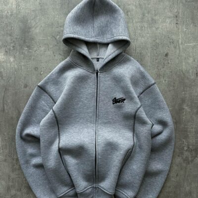 Мужская Серая Кофта Зипка Оверсайз - Зип Худи на Молнии с Контрастными Швами