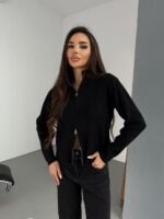 Женская Укороченная Трикотажная Черная Кофта на Молнии