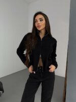 Женская Укороченная Трикотажная Черная Кофта на Молнии