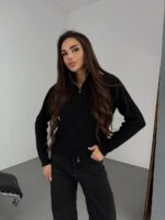 Женская Укороченная Трикотажная Черная Кофта на Молнии