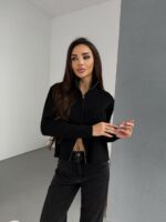 Женская Укороченная Трикотажная Черная Кофта на Молнии