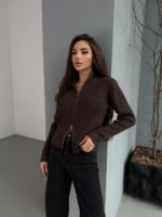 Женская Укороченная Трикотажная Коричневая Кофта на Молнии