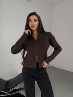 Женская Укороченная Трикотажная Коричневая Кофта на Молнии