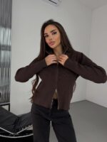Женская Укороченная Трикотажная Коричневая Кофта на Молнии