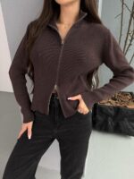 Женская Укороченная Трикотажная Коричневая Кофта на Молнии