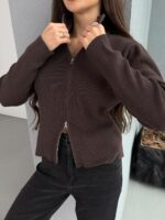 Женская Укороченная Трикотажная Коричневая Кофта на Молнии