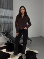 Женская Укороченная Трикотажная Коричневая Кофта на Молнии