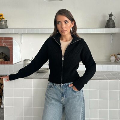 Женская Базовая Трикотажная Черная Кофта под Горло на Молнии