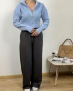 Женская Базовая Трикотажная Голубая Кофта под Горло на Молнии