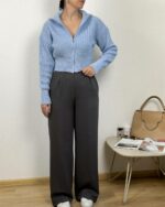 Женская Базовая Трикотажная Голубая Кофта под Горло на Молнии