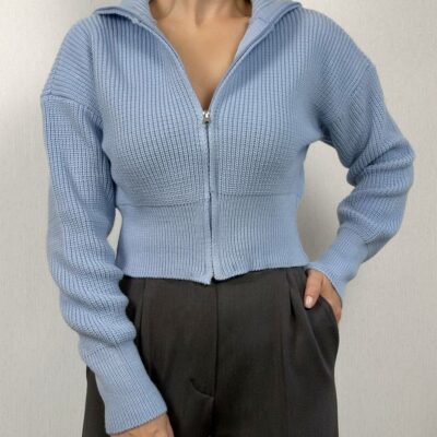 Женская Базовая Трикотажная Голубая Кофта под Горло на Молнии