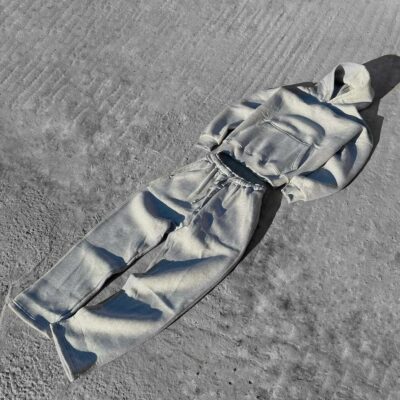 Мужской Утепленный Серый Спортивный Костюм Худи Штаны на Флисе Оверсайз