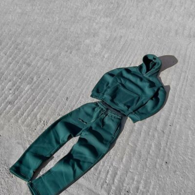 Мужской Утепленный Зеленый Спортивный Костюм Худи Штаны на Флисе Оверсайз