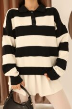 Женский Черный Джемпер Свободного Кроя в Широких Полосах с Воротником Поло