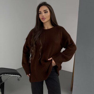 Женский Теплый Мягкий Коричневый Свитер Оверсайз