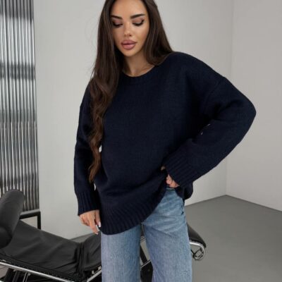 Женский Теплый Мягкий Темно-Синий Свитер Оверсайз