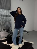 Женский Теплый Мягкий Темно-Синий Свитер Оверсайз