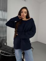 Женский Теплый Мягкий Темно-Синий Свитер Оверсайз