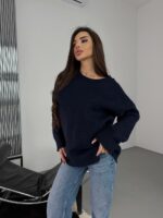 Женский Теплый Мягкий Темно-Синий Свитер Оверсайз