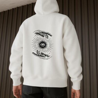 Мужское Белое Худи Оверсайз с Принтом "Глаз" - Утепленное с Начесом