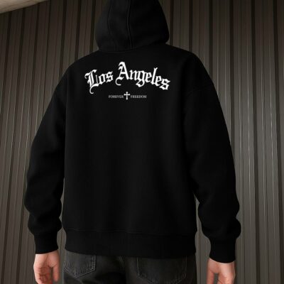 Мужское Черное Худи "LA freedom" Оверсайз с Принтом - Утепленное с Начесом