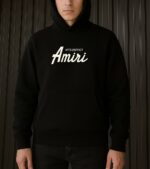 Мужское Черное Худи "Amiri" Оверсайз с Принтом - Утепленное с Начесом