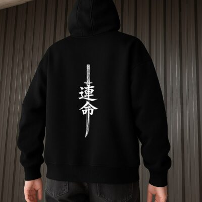 Мужское Черное Худи "NINJA" Оверсайз с Принтом - Утепленное с Начесом