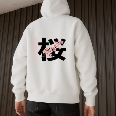 Мужское Белое Худи "SAKURA" Оверсайз с Принтом - Утепленное с Начесом