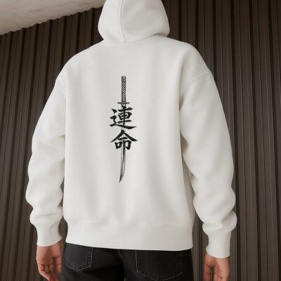 Мужское Белое Худи "NINJA" Оверсайз с Принтом - Утепленное с Начесом