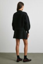 Женский Теплый Черный Костюм Двойка - Кардиган с Объемными Рукавами + Юбка Трапеция Мини