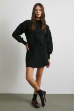 Женский Теплый Черный Костюм Двойка - Кардиган с Объемными Рукавами + Юбка Трапеция Мини