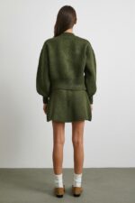 Женский Теплый Зеленый Костюм Двойка - Кардиган с Объемными Рукавами + Юбка Трапеция Мини