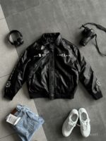 Мужская Демисезонная Черная Кожаная Куртка Бомбер с Вышивками