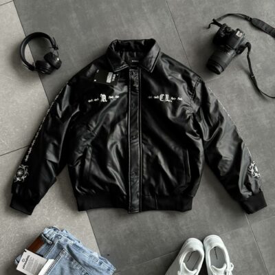 Мужская Демисезонная Черная Кожаная Куртка Бомбер с Вышивками