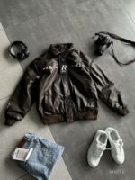 Мужская Демисезонная Коричневая Кожаная Куртка Бомбер с Вышивками