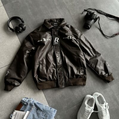 Мужская Демисезонная Коричневая Кожаная Куртка Бомбер с Вышивками