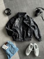 Мужская Демисезонная Графитовая Кожаная Куртка Бомбер с Вышивками