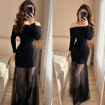 Женское Приталенное Черное Платье с Открытыми Плечами и Прозрачой Сеткой Внизу