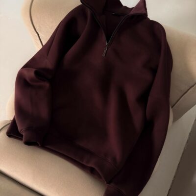 Мужская Базовая Коричневая Кофта с Замком под Горло - Теплая с Начесом