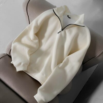 Мужская Базовая Молочная Кофта с Замком под Горло - Теплая с Начесом