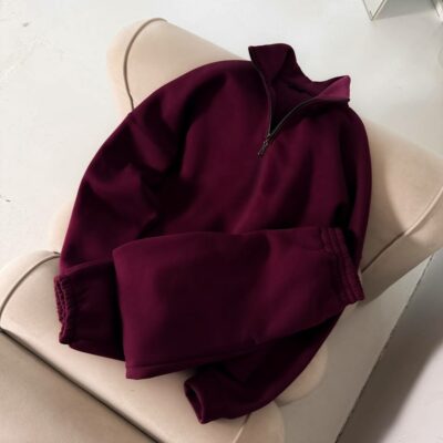 Мужская Базовая Бордовая Кофта с Замком под Горло - Теплая с Начесом