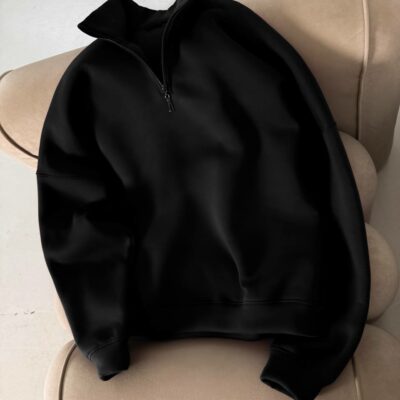 Мужская Базовая Черная Кофта с Замком под Горло - Теплая с Начесом